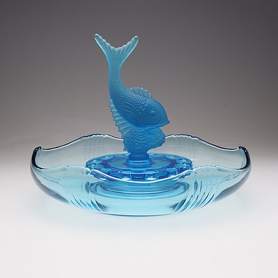 Retro Josef Inwald Blue Glass Flower Bowl with Leaping Fish ‘Frog’