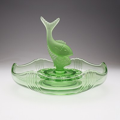 Retro Josef Inwald Green Glass Flower Bowl with Leaping Fish ‘Frog’