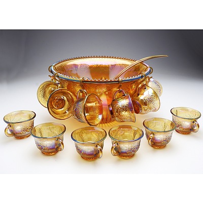 Marigold Carnival Glass Punch Bowl with Twelve Cups