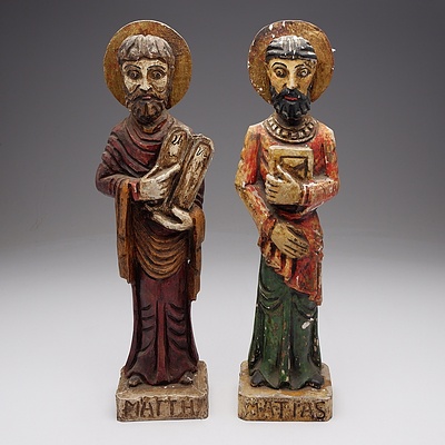 Two Polychromed Painted Carved Wooden Religious Figures of the Apostles Mathias and Matthew