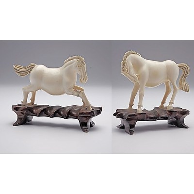 Pair of Vintage Chinese Ivory Horses on Carved Hardwood Stands