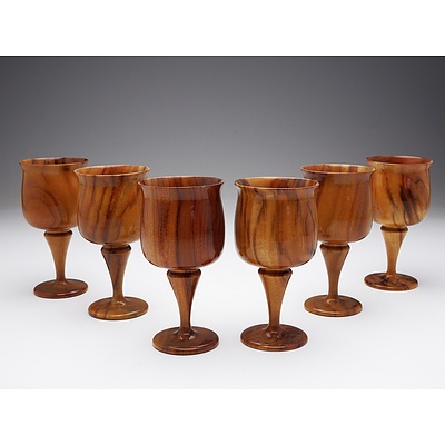 Six Handmade Turned Wood Goblets