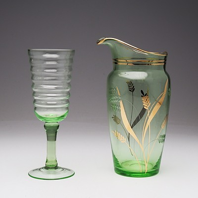 Retro Green Glass Pitcher and Goblet