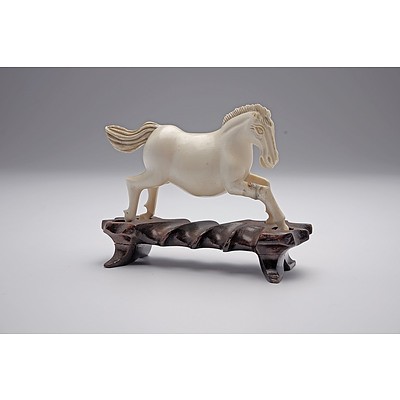 Pair of Vintage Chinese Ivory Horses on Carved Hardwood Stands