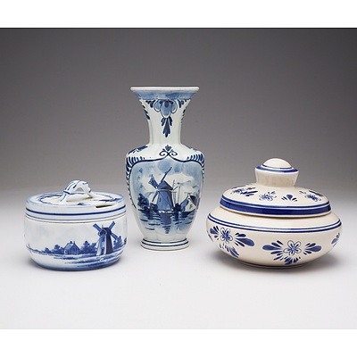 Delft Blue and White Vase, Sugar Bowl and Lidded Bowl