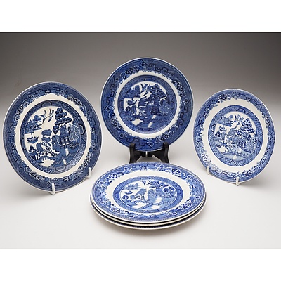 Six Willow Pattern Plates, including Johnson Bros, British Anchor and More