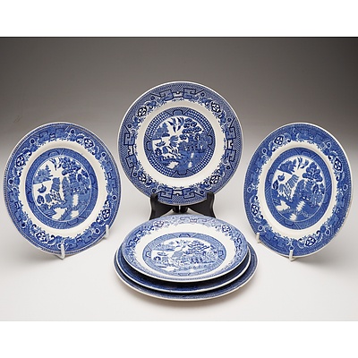 Six Willow Pattern Plates, including Johnson Bros, British Anchor and More