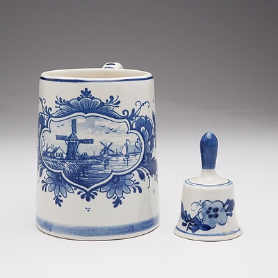 Delft Blue and White Tankard and a Bell
