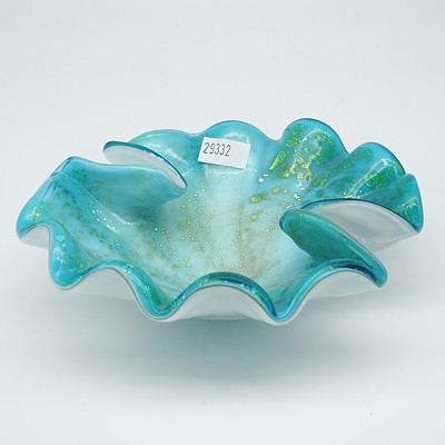 Murano Cased Blue and Opalescent Glass Bowl with Gold Foil Inclusions, Possibly by Avem