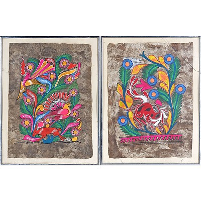 Two Exotic Pigment Paintings on Fibre Cloth
