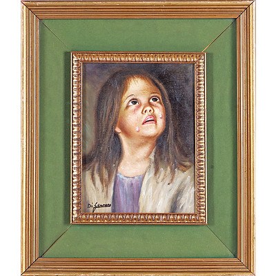 Italian School Portrait of a Crying Girl 1986, Oil on Board, Signed Di Gennaro