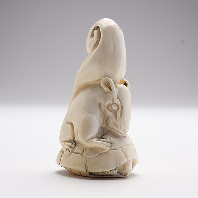 Small Japanese Carved Ivory Okimono of a Squirrel Riding a Tortoise