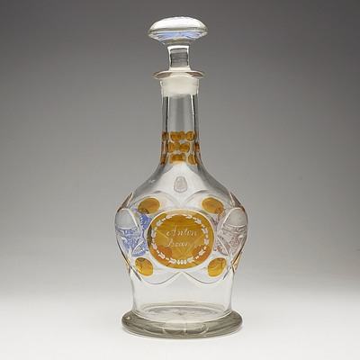 Inscribed German Polychrome Flashed Cut Glass Decanter, 19th Century