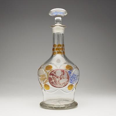Inscribed German Polychrome Flashed Cut Glass Decanter, 19th Century