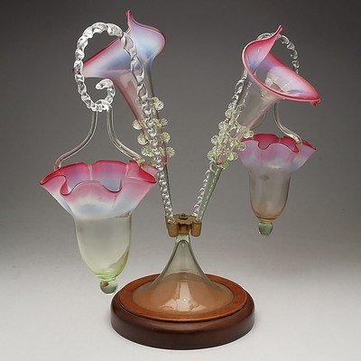 Victorian Cranberry Glass Epergne with Rigaree Work and Two Hanging Vases, Circa 1890