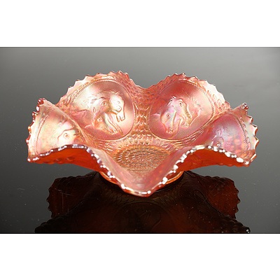 Marigold Carnival Glass Dish with Ruffled and Beaded Rim