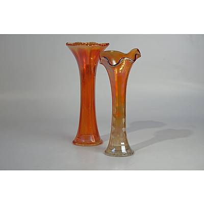 Two Vintage Marigold Carnival Glass Vases