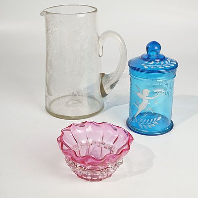 Antique Victorian Lemonade Jug Engraved with Fern Pattern, Mary Gregory Sweets Jar, and Ruby Glass Bowl