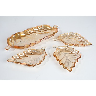 Four Retro Amber Glass Leaf From Dishes
