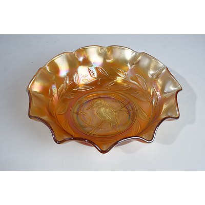 Marigold Carnival Glass Nappy Bowl with Kookaburra