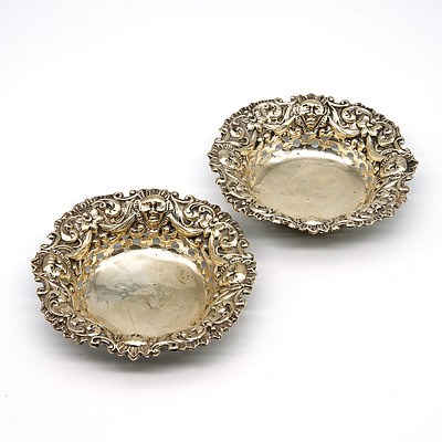 Pair of Small Hallmarked Sterling Silver Pierced and Repousse Decorated Bonbon Dishes