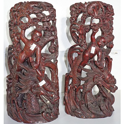 Pair of Chinese Hardwood and Bone Inlaid Carvings, Early 20th Century