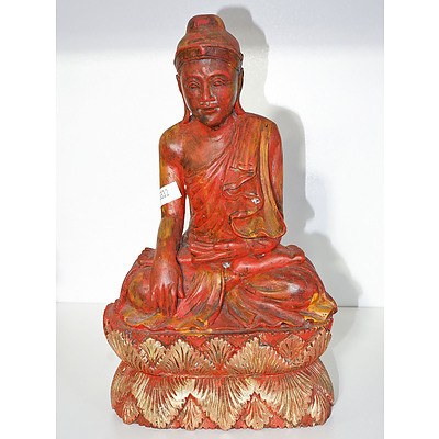 Carved and Polychromed Hardwood Figure of Buddha Seated on a Lotus Flower, 20th Century