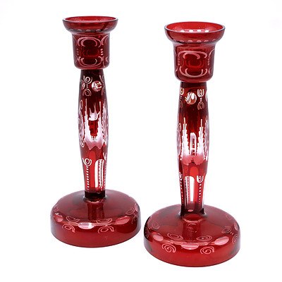Pair of European Cased and Cut Ruby Glass Candlesticks