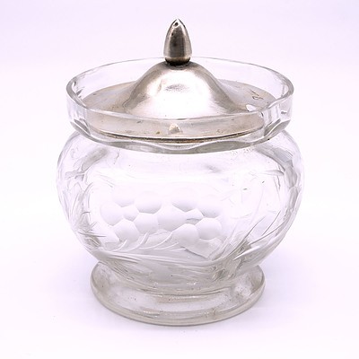 Cut Glass and Sterling Silver Top Sugar Bowl or Jam Pot, Birmingham Hallmarks