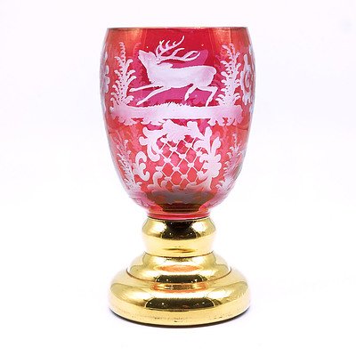 European Gold and Ruby Flashed Beaker with Cut Decoration of a Reindeer