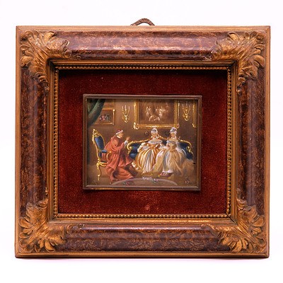 Hand Painted Italian Portrait Miniature of Two Ladies Consulting a Bishop