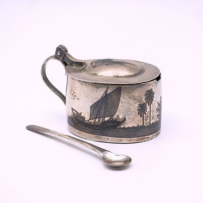 Rare Iraqi Silver Mustard Pot and Spoon with Niello Work Decoration of a Boat on the Tigris or Euphrates