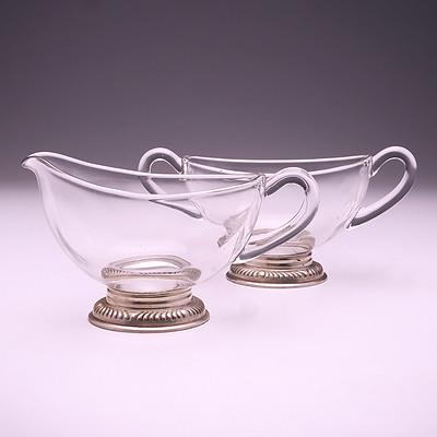 Pair of Sterling Silver Mounted Glass Gravy Boats