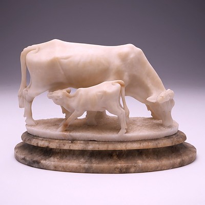 Antique European Carved Alabaster Model of a Cow and Calf