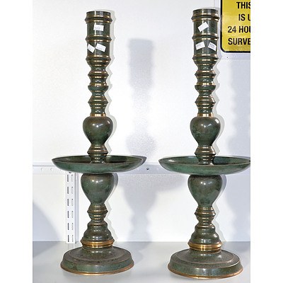 Pair of Lage Asia Bronze Patinated Brass Candlesticks