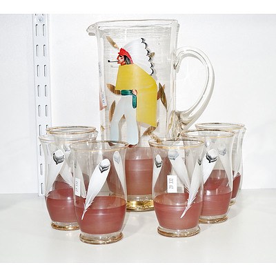 Retro Glass Pitcher and Matching Glasses with Indian Motif