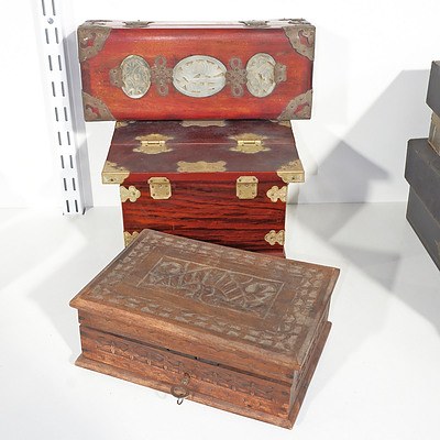 Asian Metal Bound Jewellery Box with Pierced Hardstone Medallions and Two Others