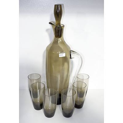 Retro Smoked Glass Decanter with Six Glasses