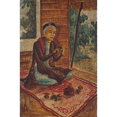 Vintage Asian Painting of a Woman Cooking