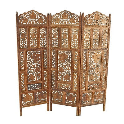 Indian Carved and Pierced Sandalwood Threefold Screen