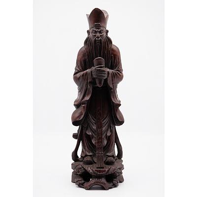 Chinese Carved Hardwood Figure of a Sage, 20th Century