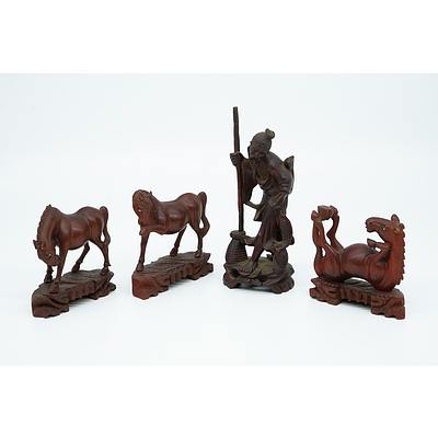 Chinese Carved Hardwood Horses and a Fisherman