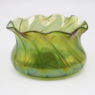 Bohemian Green Iridescent Glass Bowl with Ruffled Rim, Early 20th Century