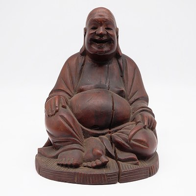 Asian Carved Timber Seated Laughing Buddha