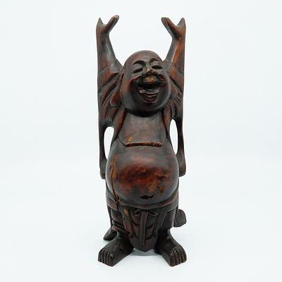 Asian Carved Hardwood Standing Laughing Buddha