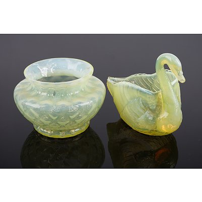 Burtles & Tate Vaseline Opalescent Glass Swan Circa 1885 and a Uranium Glass Vase