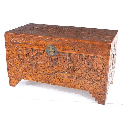 Chinese Carved Camphorwood Chest with Gloss Finish