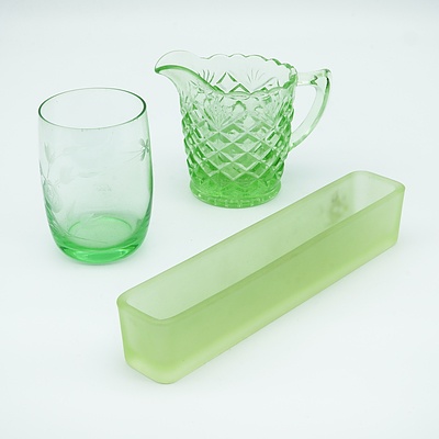 Vintage Uranium Glass Trough Vase and Two Peices of Depression Glass