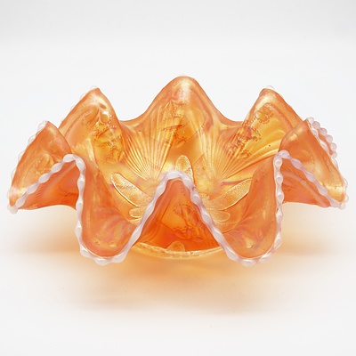 Marigold Carnival Glass Dish with Ruffled and Beaded Rim
