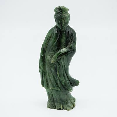 Chinese Carved Green Mottled Hardstone Figure of Guanyin